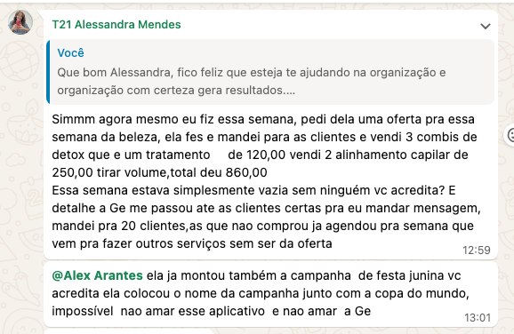 Print do WhatsApp da Alessandra Mendes contando que a semana estava vazia e fechou R$860 com a campanha da Gê