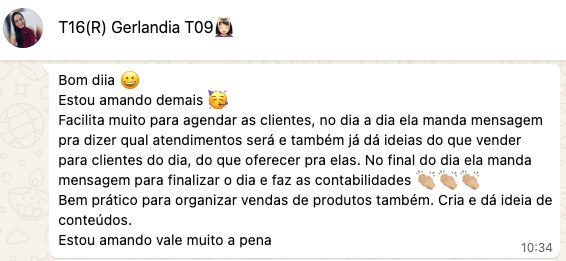 Print do WhatsApp da Gerlandia dizendo que está amando a Gê, que organiza o dia a dia e fecha o financeiro